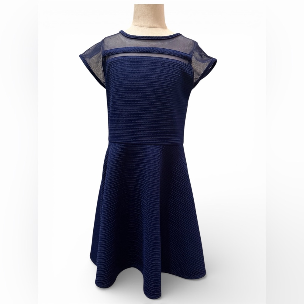 Sally Miller Couture Girls Large (12) Navy Blue Short Sleeve Dress Mesh Detail
